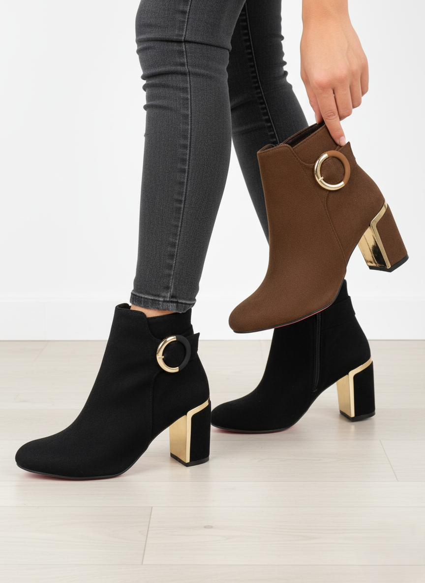 بوت قصير أسود أنيق شمواه بكعب ذهبي عريض - إبزيم دائري فاخر