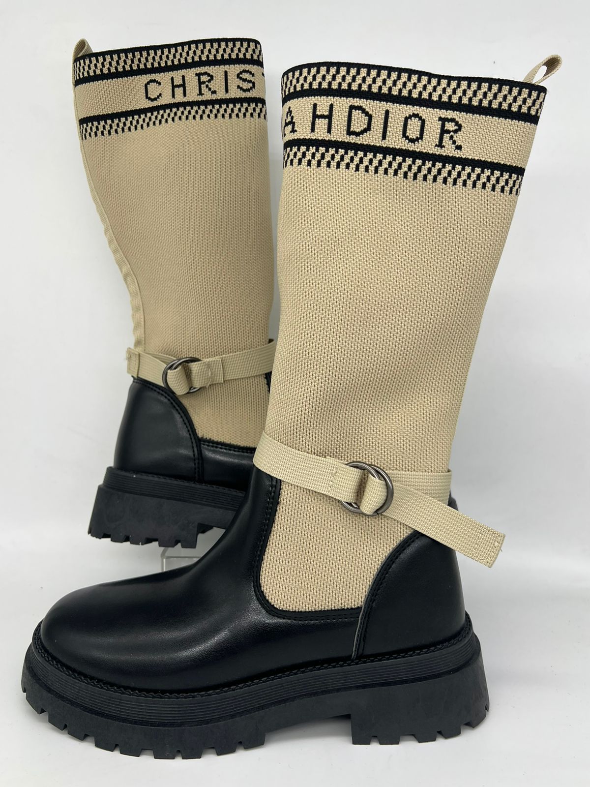 بوت "كريس" طويل كاجوال مريح - نعل سميك ومحبوك (لون بيج/أوف وايت)