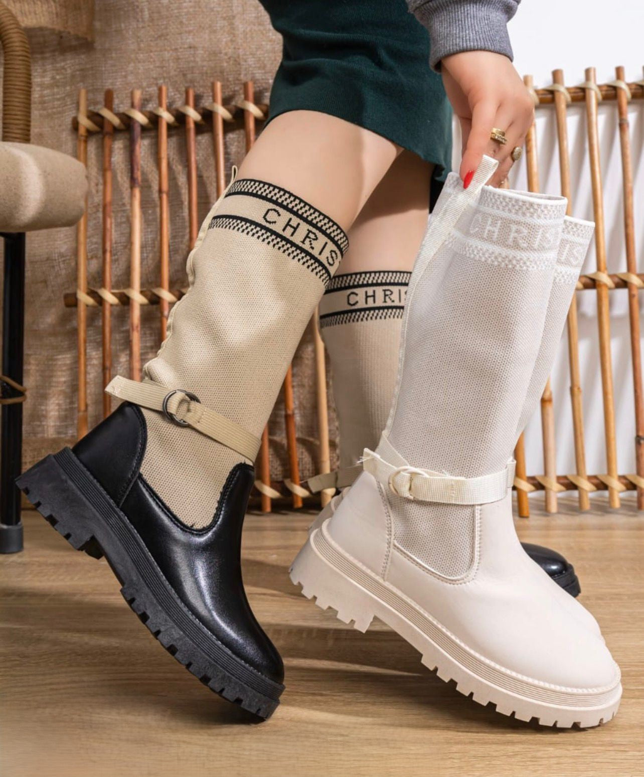 بوت "كريس" طويل كاجوال مريح - نعل سميك ومحبوك (لون بيج/أوف وايت)