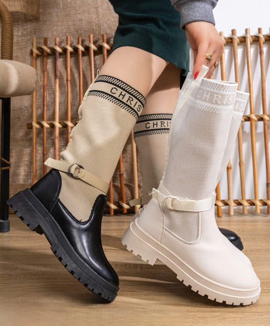 بوت "كريس" طويل كاجوال مريح - نعل سميك ومحبوك (لون بيج/أوف وايت)