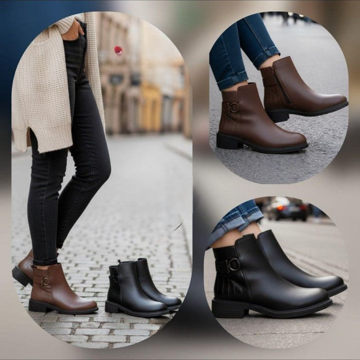 "بوت حريمي شتوي كاحل (Ankle Boot) - جلد شيك بـ حزام وتفصيلة تمساح!"