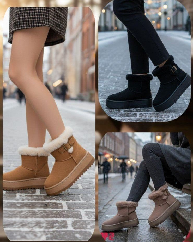 بوت شتوي قصير حريمي فرو مبطن - تصميم عصري بكعب سميك مريح